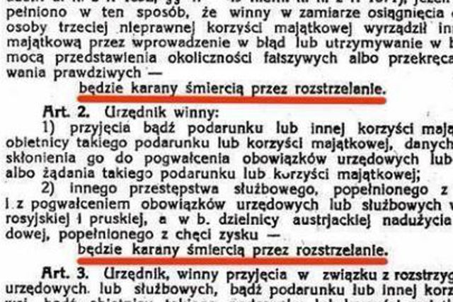 Poseł Artur Dębski przypomniał na Twitterze, że na początku istnienia II RP nieuczciwi urzędnicy mogli być stawiani przed plutonem egzekucyjnym