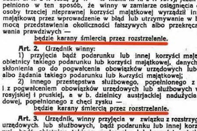 Poseł Artur Dębski przypomniał na Twitterze, że na początku istnienia II RP nieuczciwi urzędnicy mogli być stawiani przed plutonem egzekucyjnym
