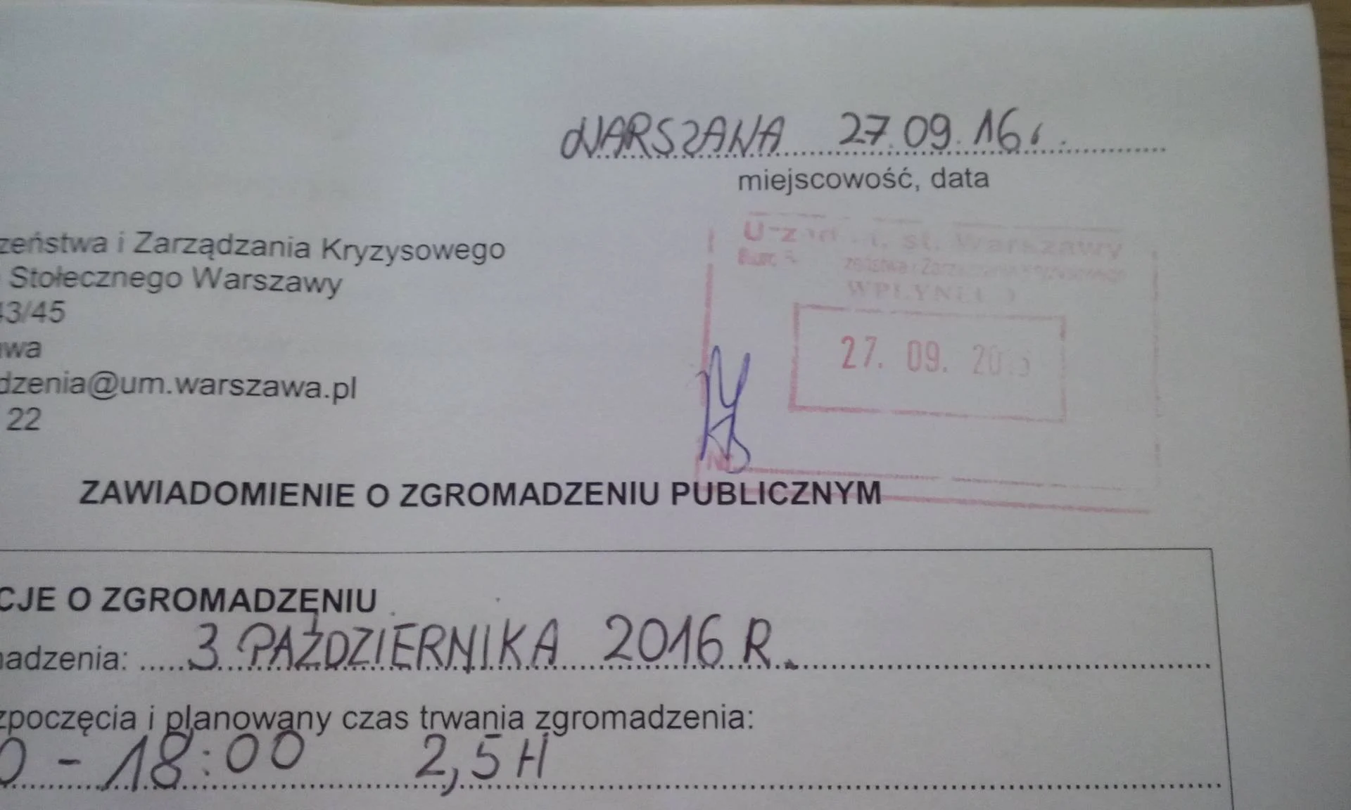 Oficjalne zgłoszenie jednego z kilkudziesięciu zgromadzeń w ramach Ogólnopolskiego Strajku Kobiet.