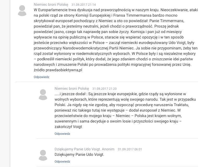 Na portalu niezależna. pl - w komentarzach pod informacją o debacie w Europarlamencie na temat Polski - można przeczytać podziękowania dla Voigta