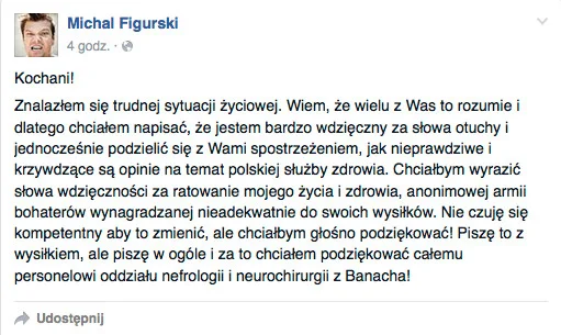 Michał Figurski udostępnia wpis, w którym broni polskiej służby zdrowia: „Dziękuję anonimowej armii bohaterów wynagradzanej nieadekwatnie do swoich wysiłków”