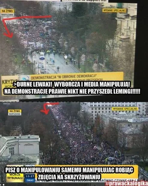 Dowód na manipulację prawicowych mediów odnośnie liczby uczestników marszu w obronie demokracji