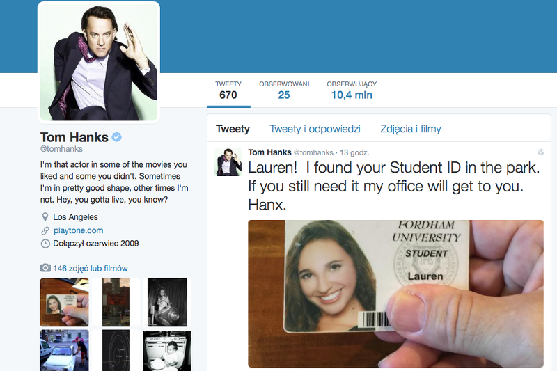 Aktor znalazł legitymację jednej ze studentek. Postanowił ją odszukać przez Twittera.