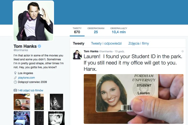 Aktor znalazł legitymację jednej ze studentek. Postanowił ją odszukać przez Twittera.