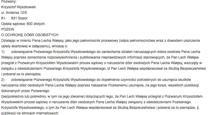Wałęsa pozywa Wyszkowskiego