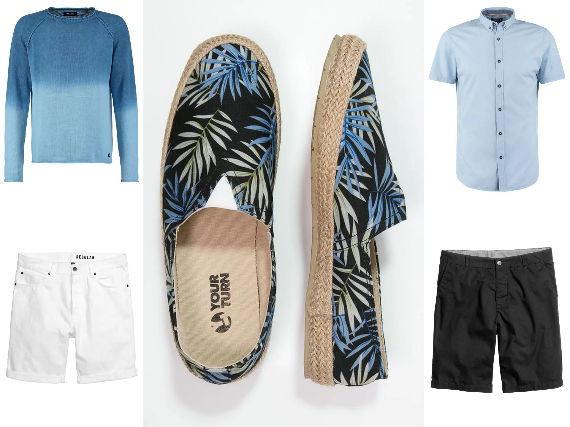 od lewej: sweter Only & Sons 89,50, espadryle ZALANDO 67,20, koszula ZALANDO 94 zł, szorty białe H&M 99,90, szorty czarne H&M 39,90 zł