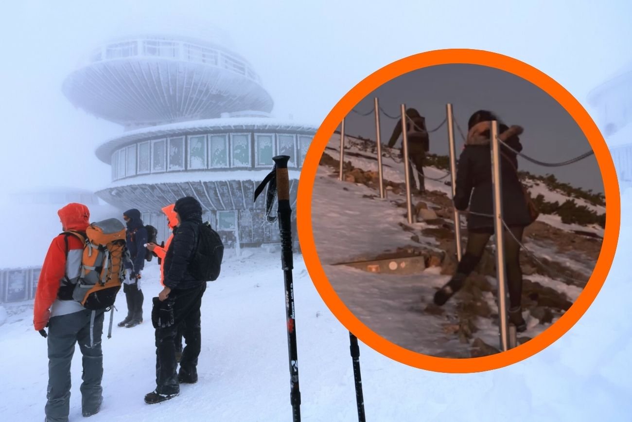 Głupota turystki na Śnieżce. Gdyby nie łańcuchy, nie ustałaby na nogach Brawura na Śnieżce. W spódnicy i z torebką próbowała zdobyć szczyt