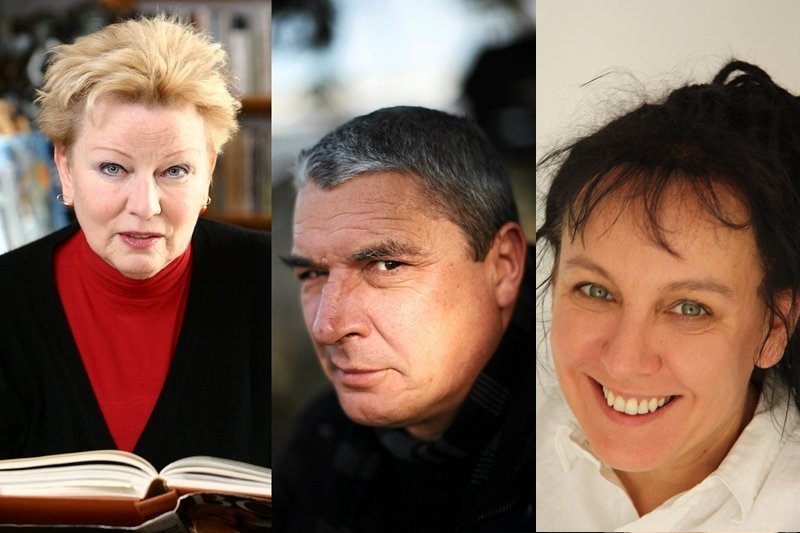 Montaż zdjęć pisarzy, którzy opowiedzieli nam o swoich ulubionych wątkach w twórczości Sławomira Mrożka