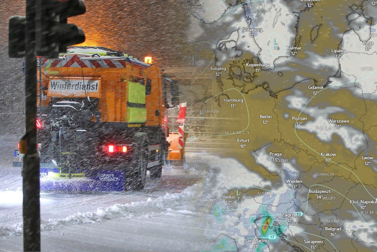 Na zdjęciu niemieckie służby walczące z opadami śniegu. W tle mapa pogodowa.