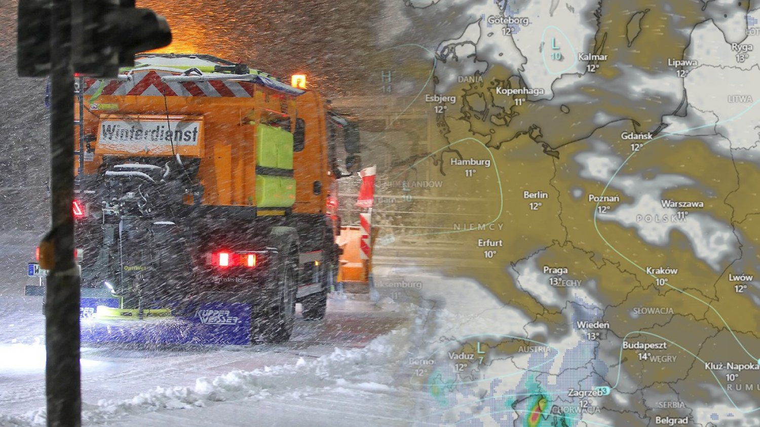 Na zdjęciu niemieckie służby walczące z opadami śniegu. W tle mapa pogodowa.