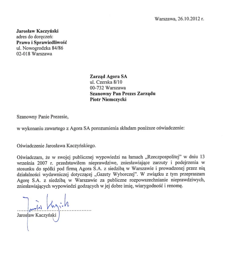Oświadczenie Jarosława Kaczyńskiego w sprawie przeprosin Agory.