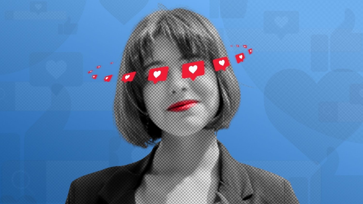 ChatGPT odpowiada za mnie na Tinderze, faceci są zachwyceni. "Wow, ale jesteś ciekawą osobą" Kobieta na niebieskim tle z serduszkami wokół twarzy