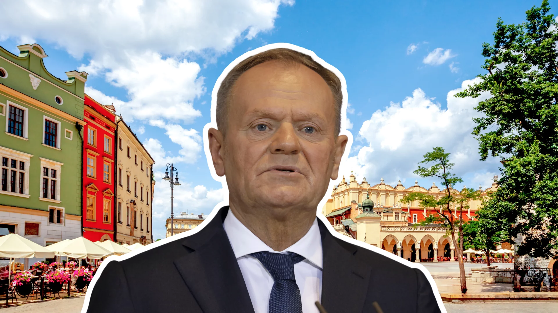 Donald Tusk w tle rynek w Krakowie