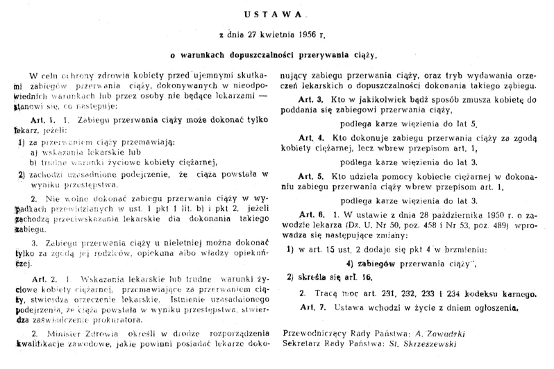 Ustawa z dnia 27 kwietnia 1956 r. o warunkach dopuszczalności przerywania ciąży.