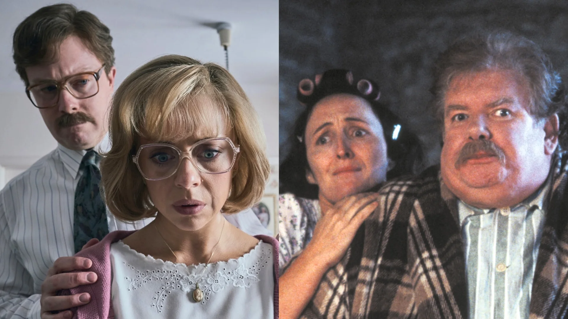 Daniel Rigby i Bel Powley (po lewej); Fiona Shaw i Richard Griffiths (po prawej) w serialu oraz filmie "Harry Potter i Kamień Filozoficzny"