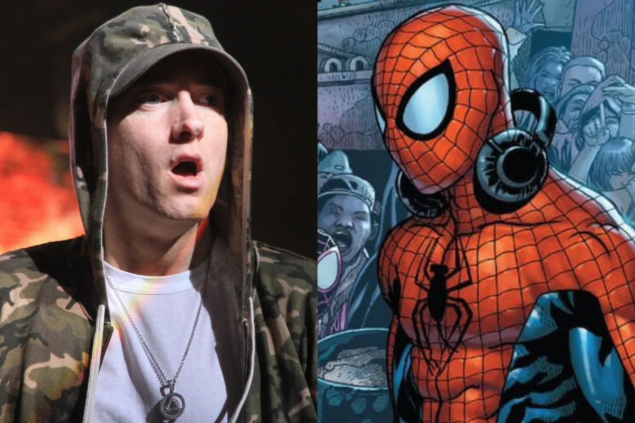 Eminem walczy w bitwie na rymy ze Spider-Manem na limitowanej okładce "The Amazing Spider-Man #1". Eminem walczy w bitwie na rymy ze Spider-Manem na limitowanej okładce "The Amazing Spider-Man #1".