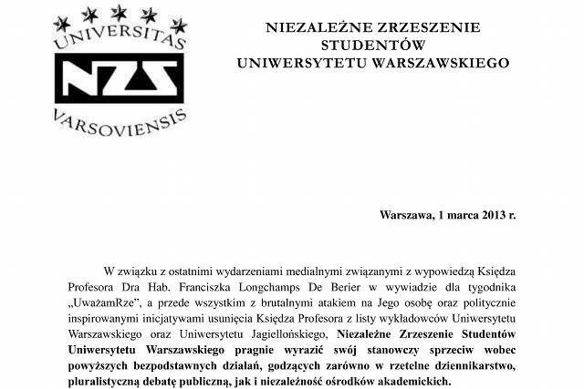 Oświadczenie Niezależnego Zrzeszenia Studentów Uniwersytetu Warszawskiego