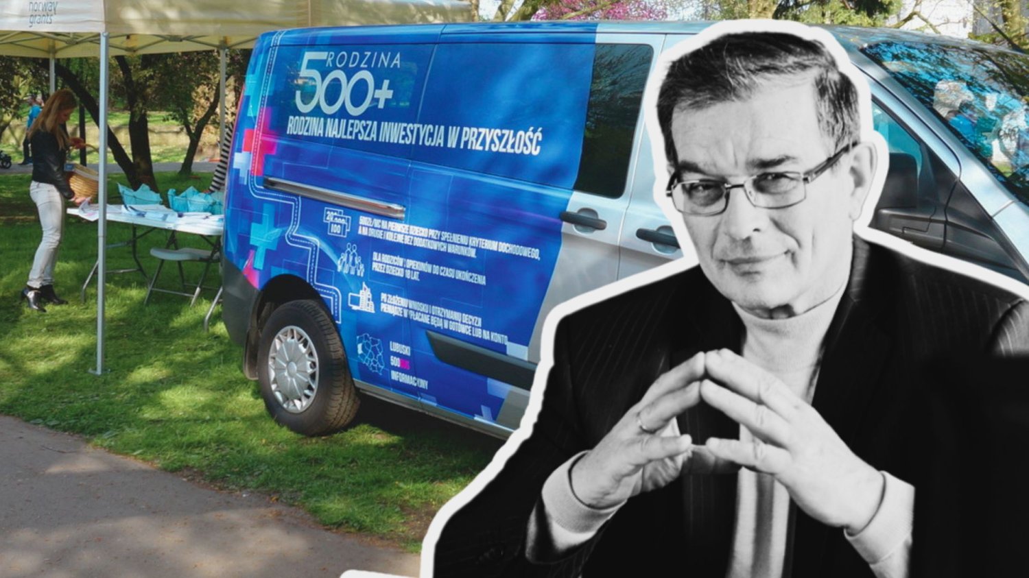Prof. Julian Auleytner  na tle auta promującego 500 plus