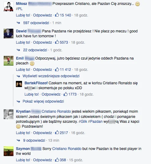 Komentarze polskich kibiców na profilu Cristiano Ronaldo.