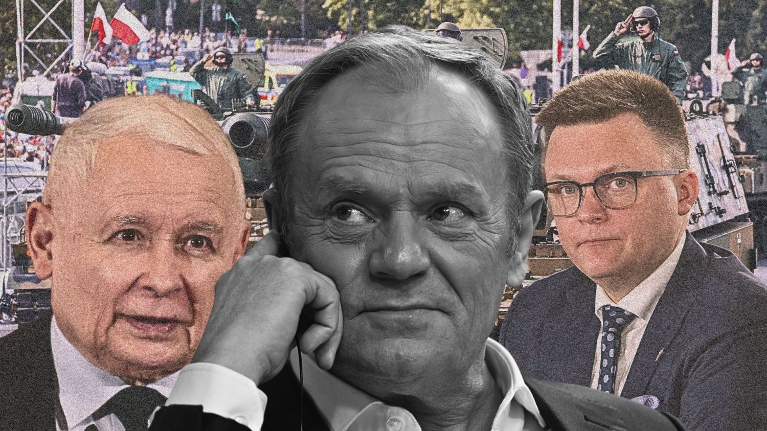Tusk dostał worek politycznego złota. Zamiast działać, poczuł się zbyt pewnie Jarosław Kaczyński, Donald Tusk i Szymon Hołownia na tle polskiego wojska