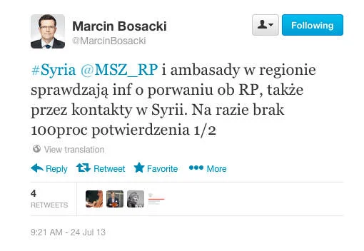 Informacja opublikowana na Twitterze przez rzecznika MSZ Marcina Bosackiego