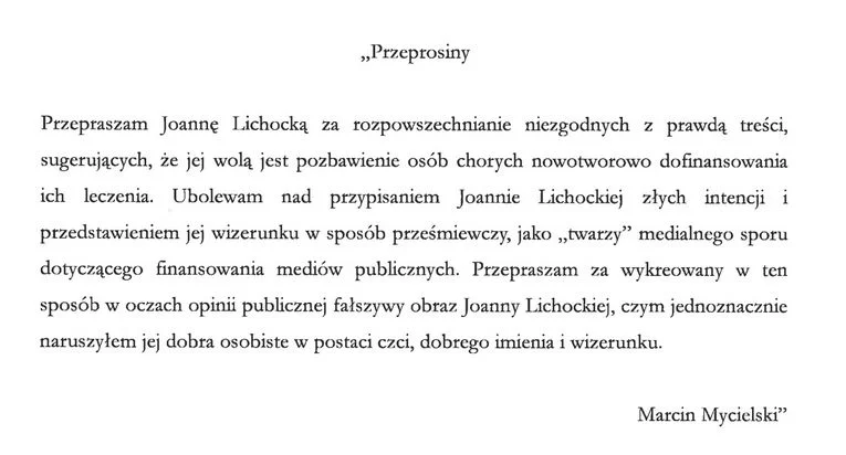 Lichocka domaga się przeprosin o takiej treści.