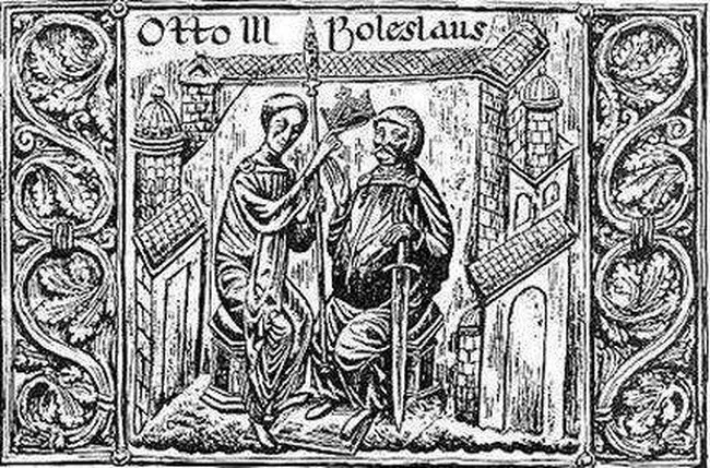 Cesarz Otto III i Bolesław Chrobry w czasie Zjazdu Gnieźnieńskiego.