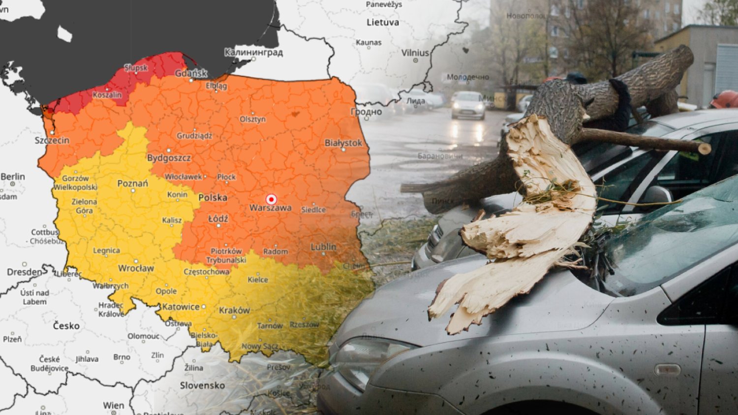 Huragan nadciąga nad Polskę. "Możliwe trąby powietrzne" Mapa pogodowa ostrzegające przed huraganem w Polsce.