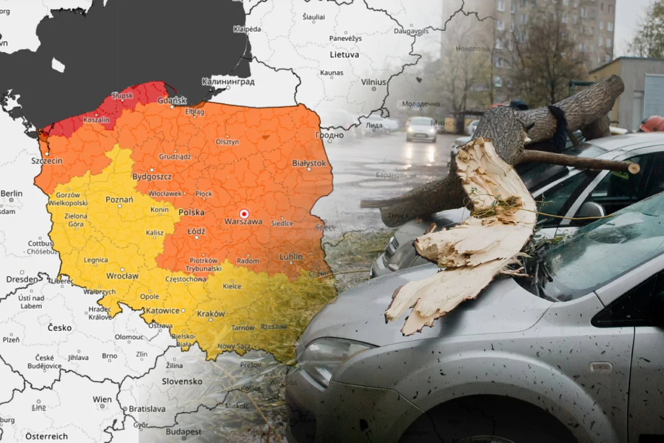 Mapa pogodowa ostrzegające przed huraganem w Polsce.