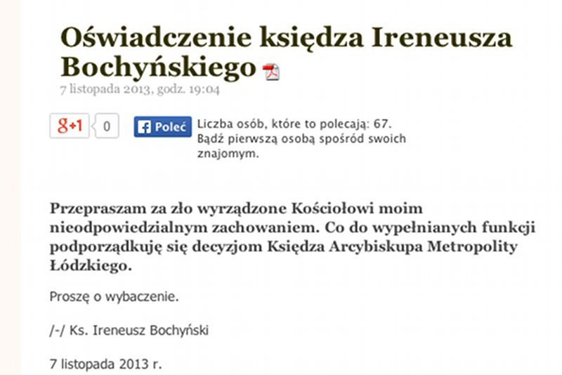 Ks. Ireneusz Bochyński przeprasza Kościół za wypowiedź o pedofilii