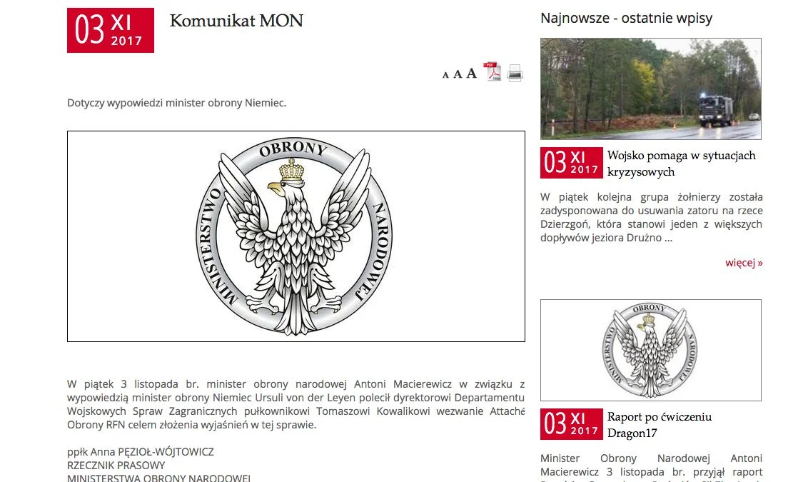 Komunikat Ministerstwa Obrony Narodowej wydany tuż po wypowiedzi niemieckiej minister.