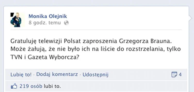 Wpis Moniki Olejnik dotyczący pojawienia się Grzegorza Brauna na antenie Polsat News