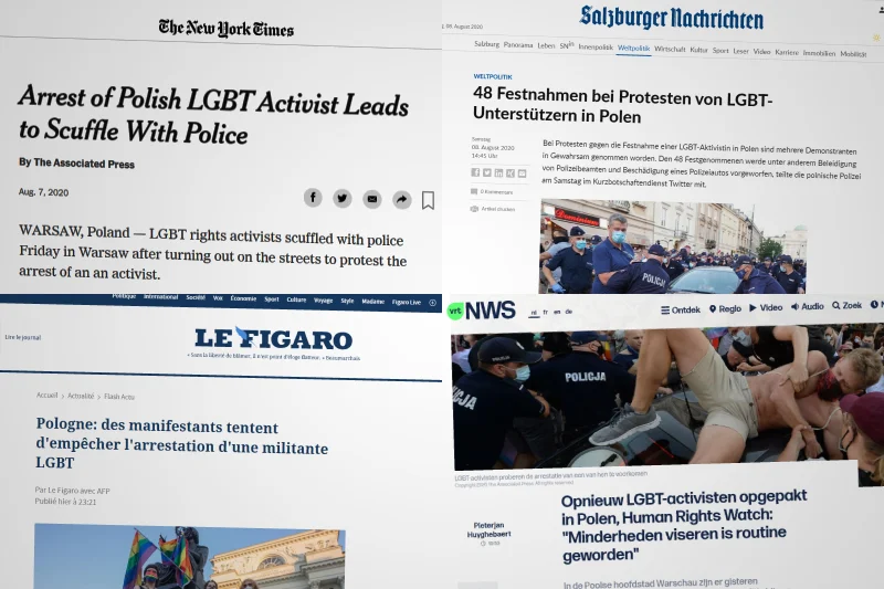 Opiniotwórcze media w Europie i na świecie donoszą o brutalnej pacyfikacji protestu środowisk LGBT i ich sympatyków w Warszawie. Opiniotwórcze media w Europie i na świecie donoszą o brutalnej pacyfikacji protestu środowisk LGBT i ich sympatyków w Warszawie.