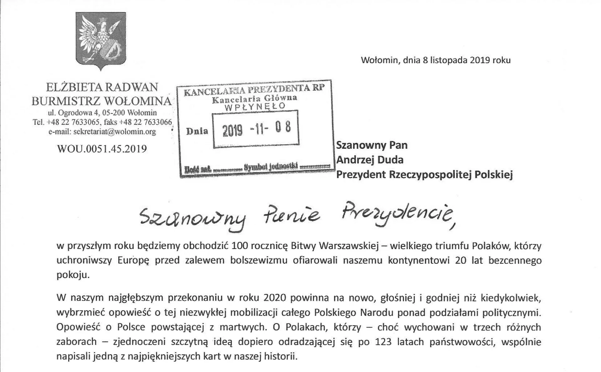 Fragment pisma złożonego do Kancelarii Prezydenta RP w dniu 08.11.2019 r.