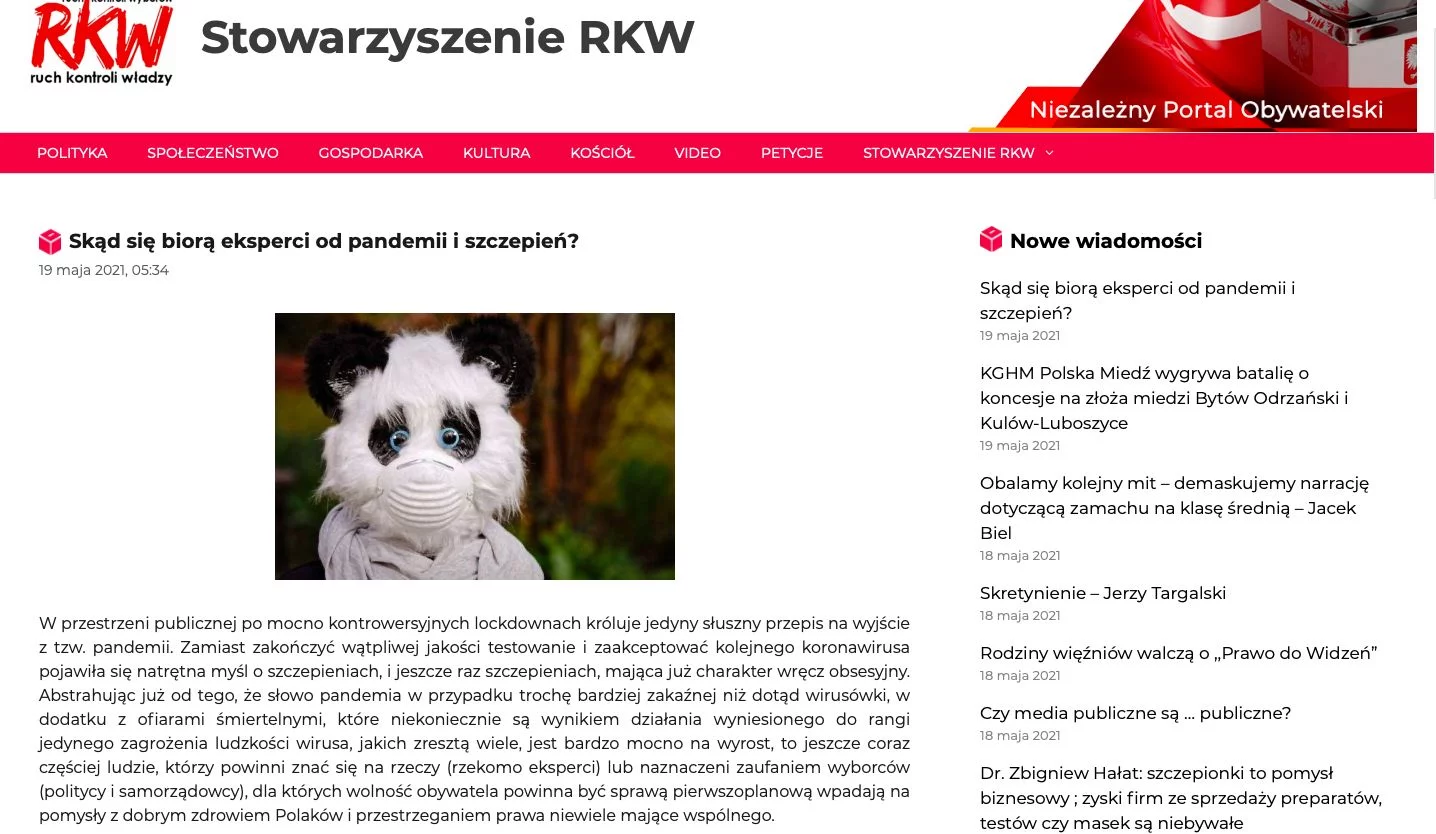 Screenshot artykułu opublikowanego 19 maja 2021 roku zatytułowanego "Skąd się biorą eksperci od pandemii i szczepień?".