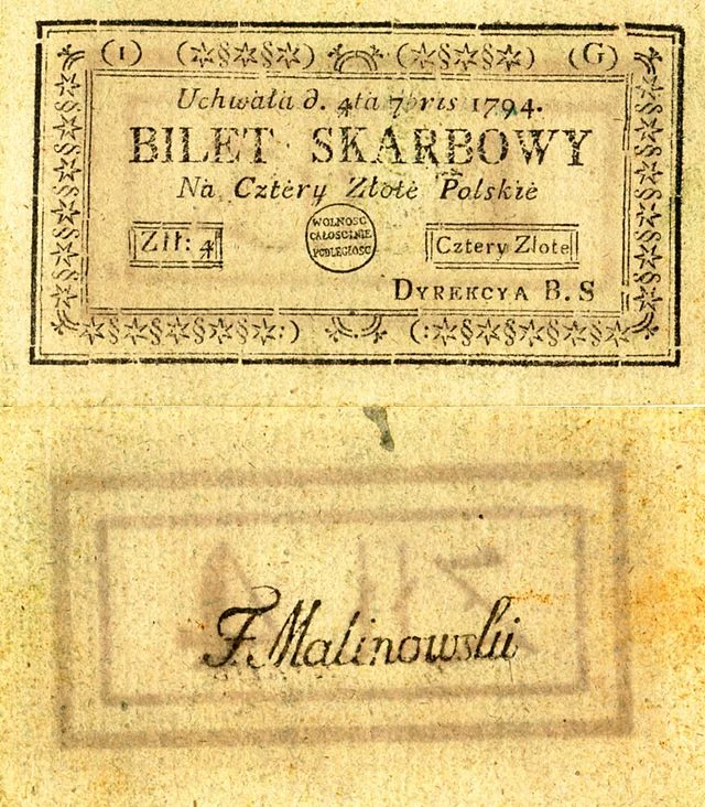 Bilet skarbowy z 1794 roku, drukowany w Warszawie i emitowany podczas insurekcji kościuszkowskiej, wartości 4 złotych polskich.