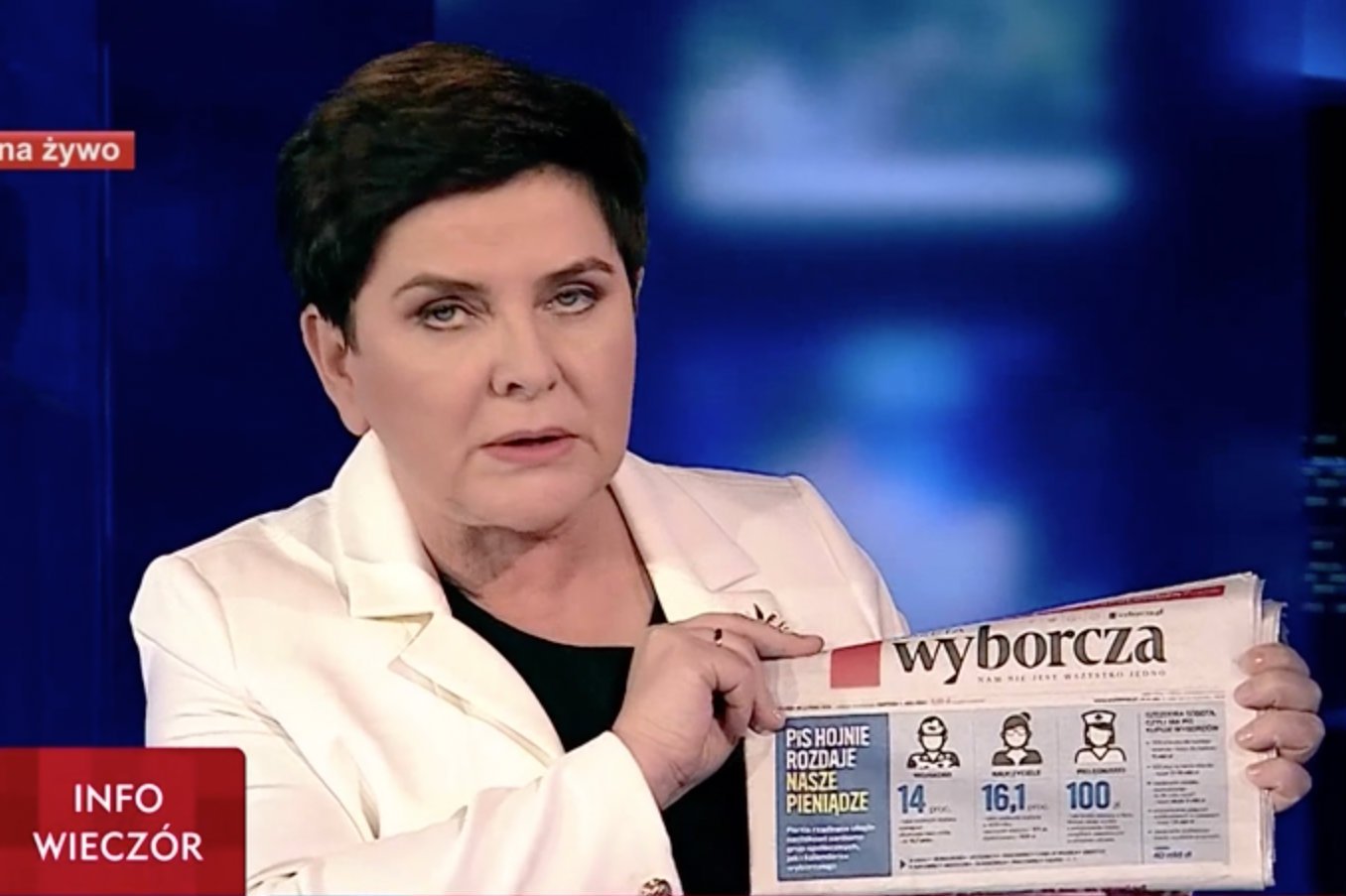 Beata Szydło przyniosła do studia TVP "Gazetę Wyborczą". Pokazała okładkę dziennika, na której w negatywnym kontekście przedstawiono podwyżki dla nauczycieli. Była premier uznała to za przejaw stosunku Koalicji Europejskiej do Polek i Polaków.