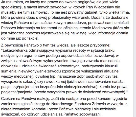 Anna wizytę u jednego z lekarzy Medicover opisała na Facebooku