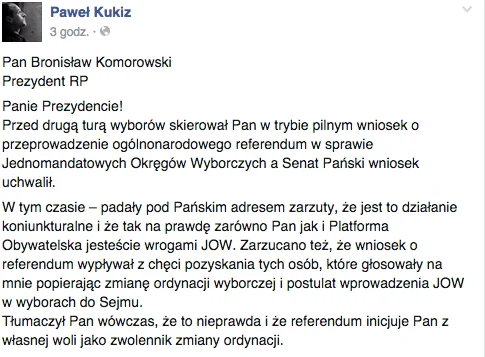 Kukiz napisał list do Komorowskiego.