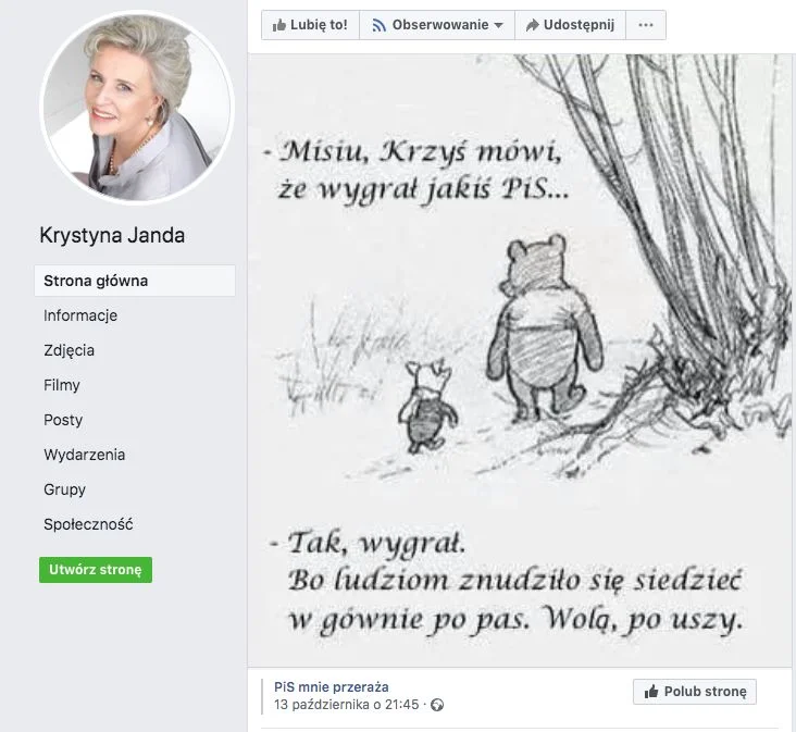 Facebookowy komentarz Krystyny Jandy do wyników wyborów.