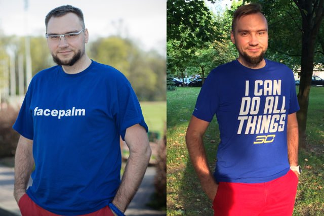 Po lewej: Paweł Lipiec - niebiegający (kwiecień 2014). Po prawej: Paweł Lipiec - wersja ulepszona półtorarocznymi treningami (wrzesień 2015)