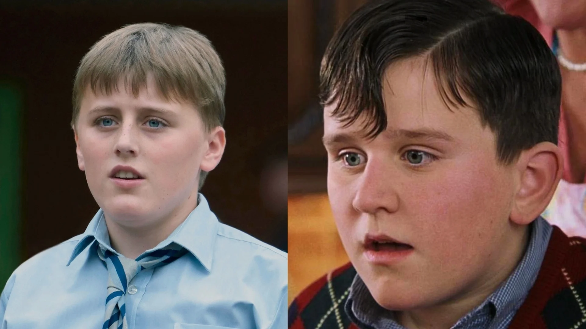 Amos Kitson (po lewej) i Harry Melling (po prawej) w serialu oraz filmie "Harry Potter i Kamień Filozoficzny"