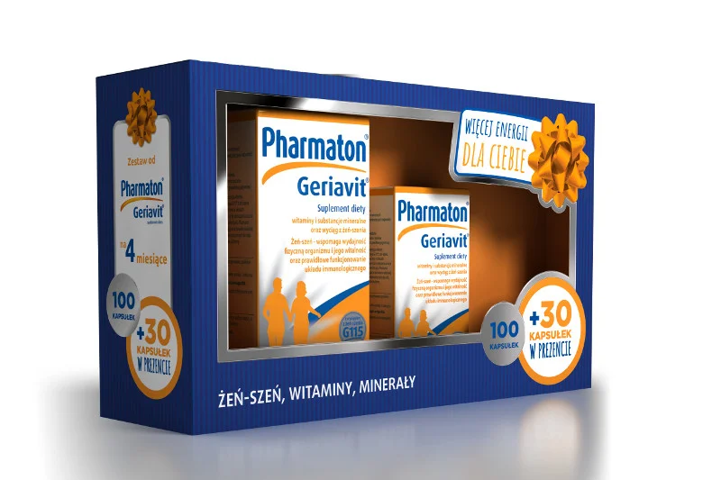 Pharmaton Geriavit złożony z dwóch opakowań po 100 i 30 kapsułek