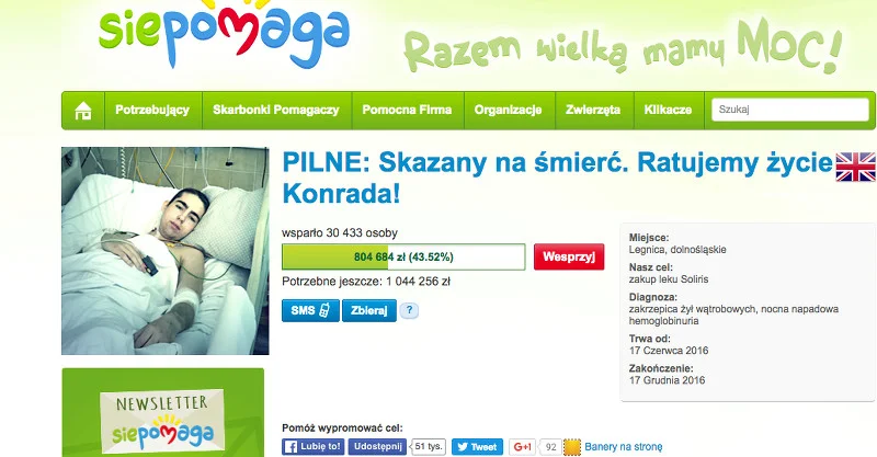 Na stronie siepomaga.pl trwa zbiórka pieniędzy na niebotycznie drogi lek dla Konrada Krzemińskiego