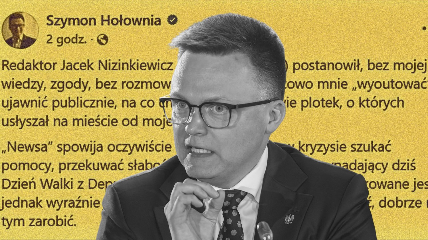 Szymon Hołownia na tle screenu oświadczenia w mediach społecznościowych