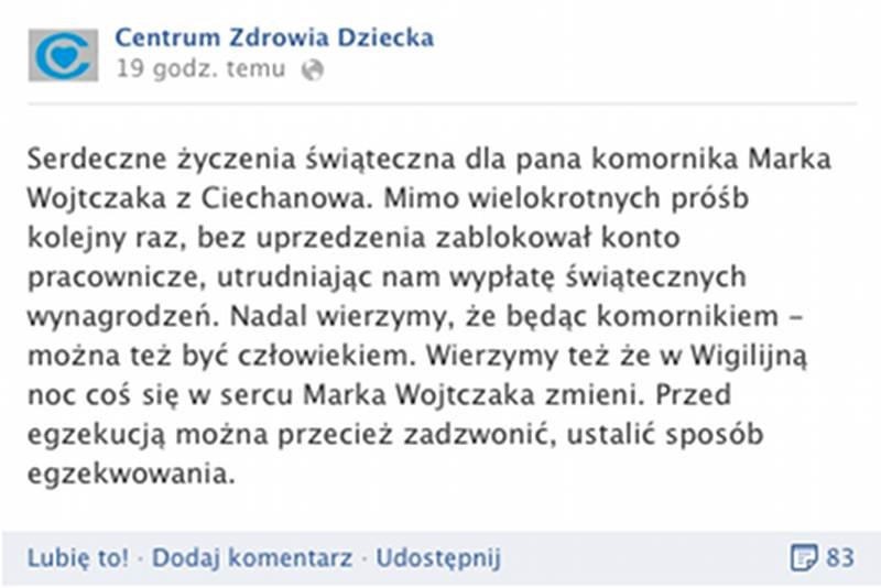 Wpis na profilu Centrum Zdrowia Dziecka