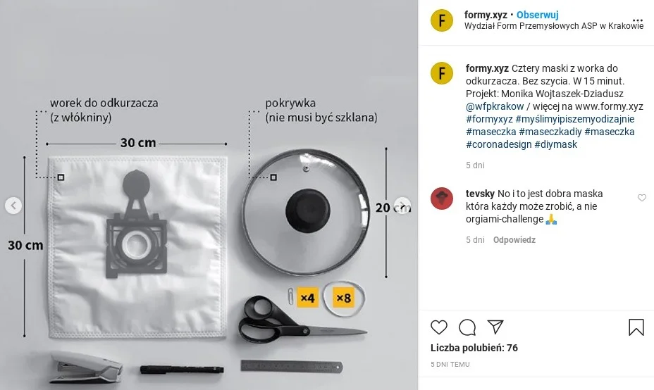 Maseczka higieniczna bez szycia z filtra od odkurzacza.