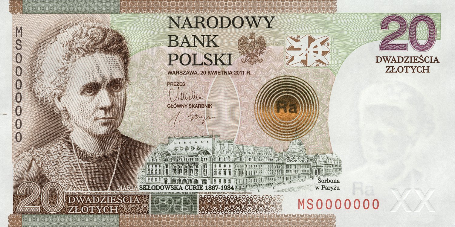 Kolekcjonerski banknot 20-złotowy z 2011 r. z wizerunkiem najsłynniejszej polskiej chemiczki i fizyczki, Marii Skłodowskiej-Curie