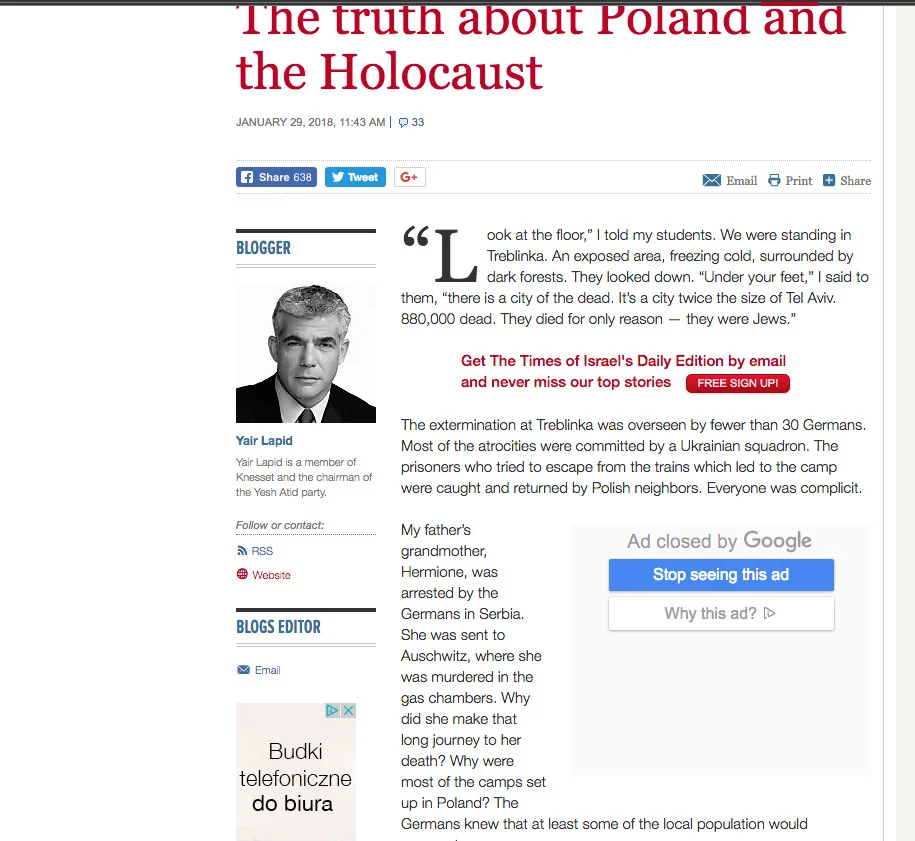 Scren z bloga Jaira Lapida na stronie Times of Israel.