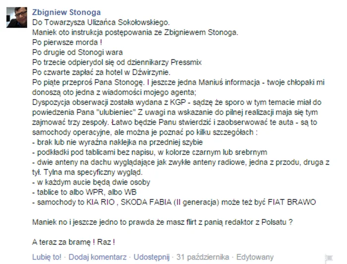 Stonoga atakuje Sokołowskiego na swoim FB